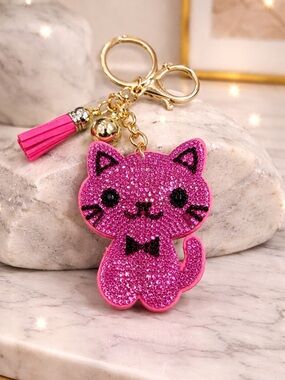 Sparkling Pink Cat Keychain with Tassel